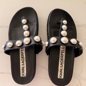 Karl Lagerfeld Black Slide Sandals with Pearl Studs